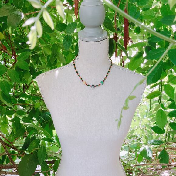 VTG 90s Mosaic Glass Beaded Necklace Red Yellow Green Afrocentric Boho Style - Picture 7 of 11